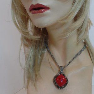 Premier Designs PD (stamped) Multi Strand Silvertone W Red Removable Stone 24"